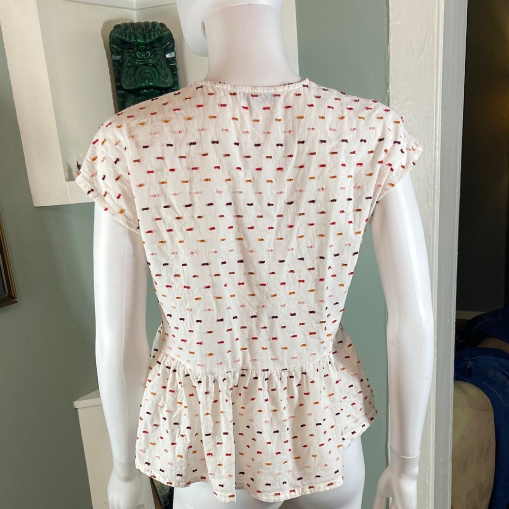 Madewell White Crossover Top Blouse Peplum clip dot cotton Medium M Ruffle Hem - Picture 6 of 12